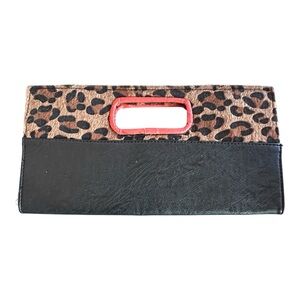 Leopard Print Cutout Handle Black Clutch Faux Leather Statement Bag 13”x6”